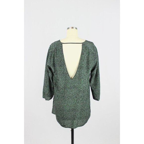 Aritzia WILFRED Dark Green Abstract Print 100% Silk Open Back Blouse Top, Size M - Picture 3 of 11